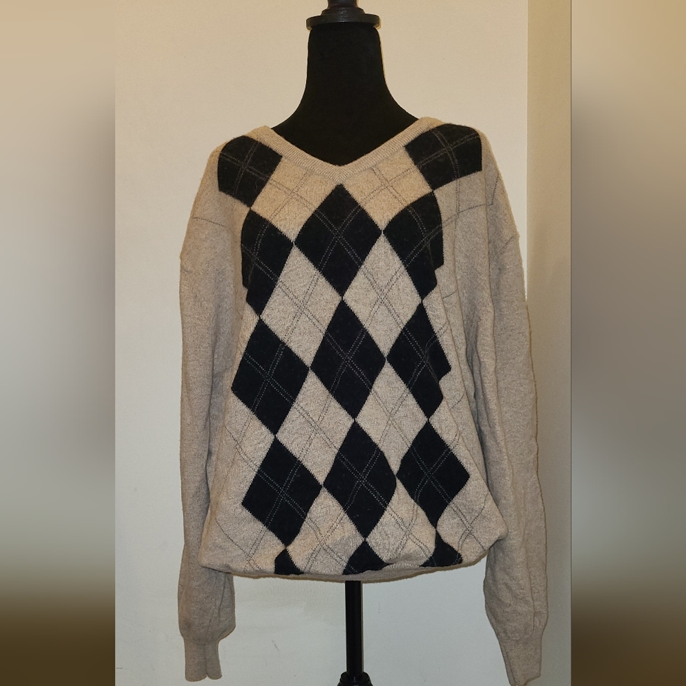 Jos A. Banks Argly print wool sweater, XXL, Black, and Tan